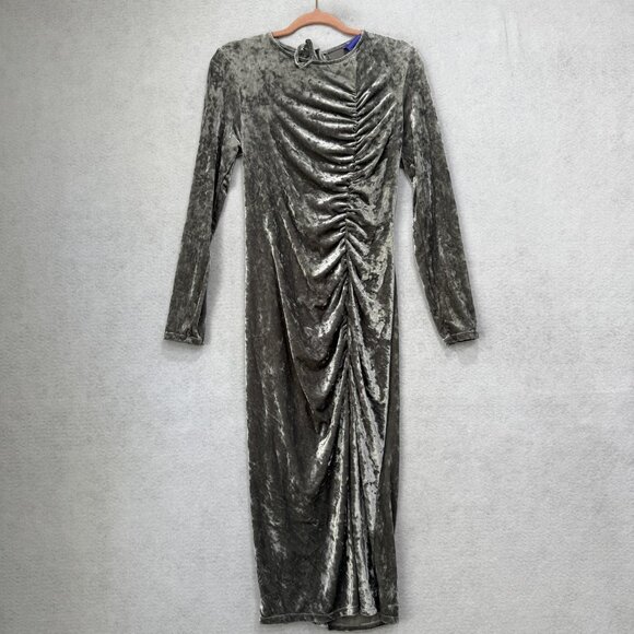 Kahlana Barfield Brown Dress Womens Medium Gray Velvet Long Sleeve Ruched Midi - Picture 1 of 7